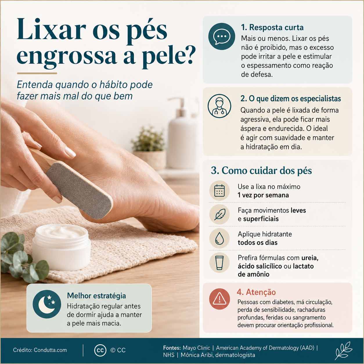 É verdade que você nunca deve lixar os pés para a pele não engrossar? Ilustração: Condutta.com
