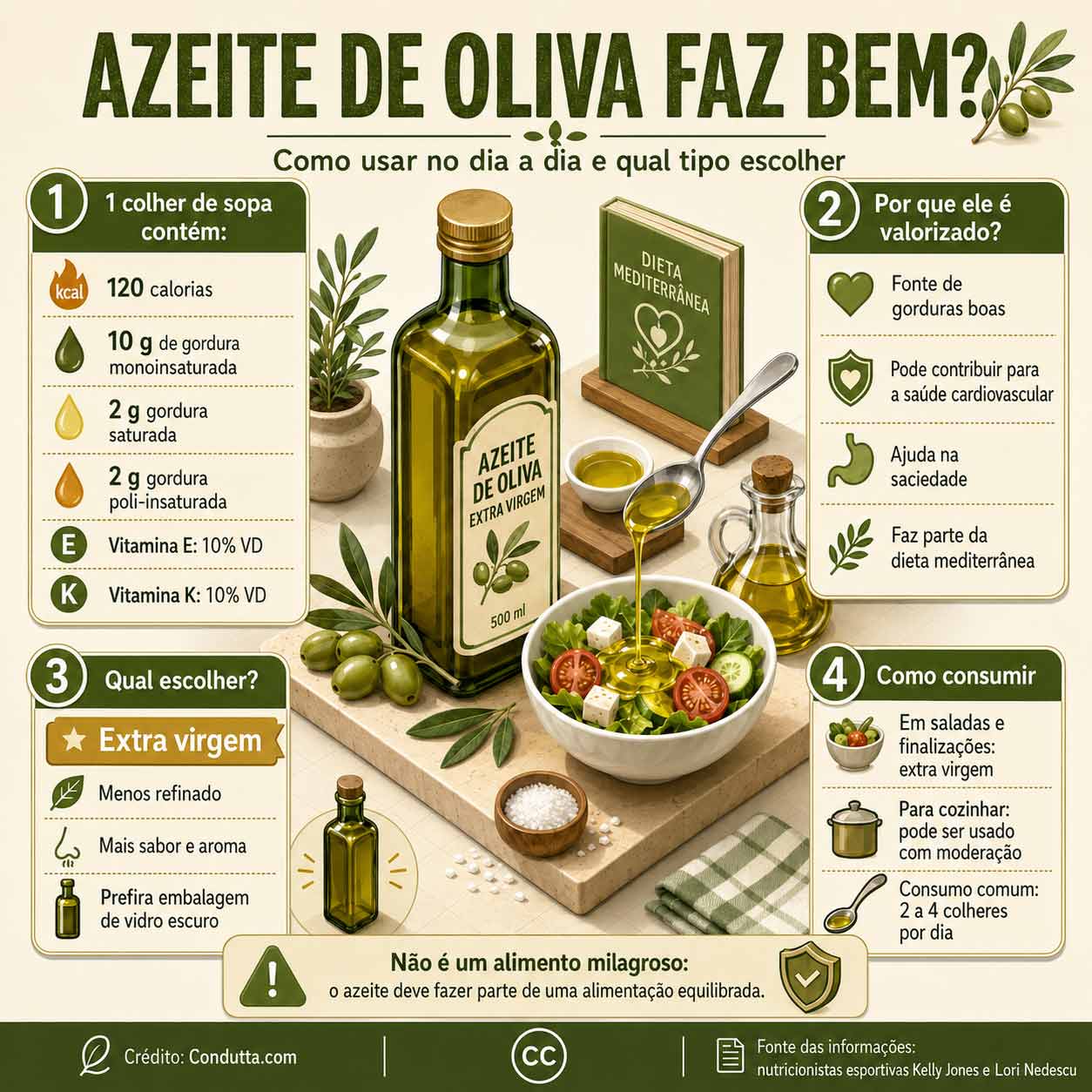 Azeite de oliva faz bem? Entenda como usar no dia a dia e qual tipo escolher. Ilustração: IA / Condutta.com