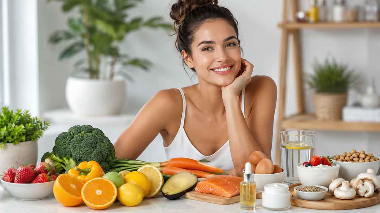 Pele bonita começa na rotina: veja o papel das vitaminas e onde encontrá-las nos alimentos. Ilustração: Condutta.com