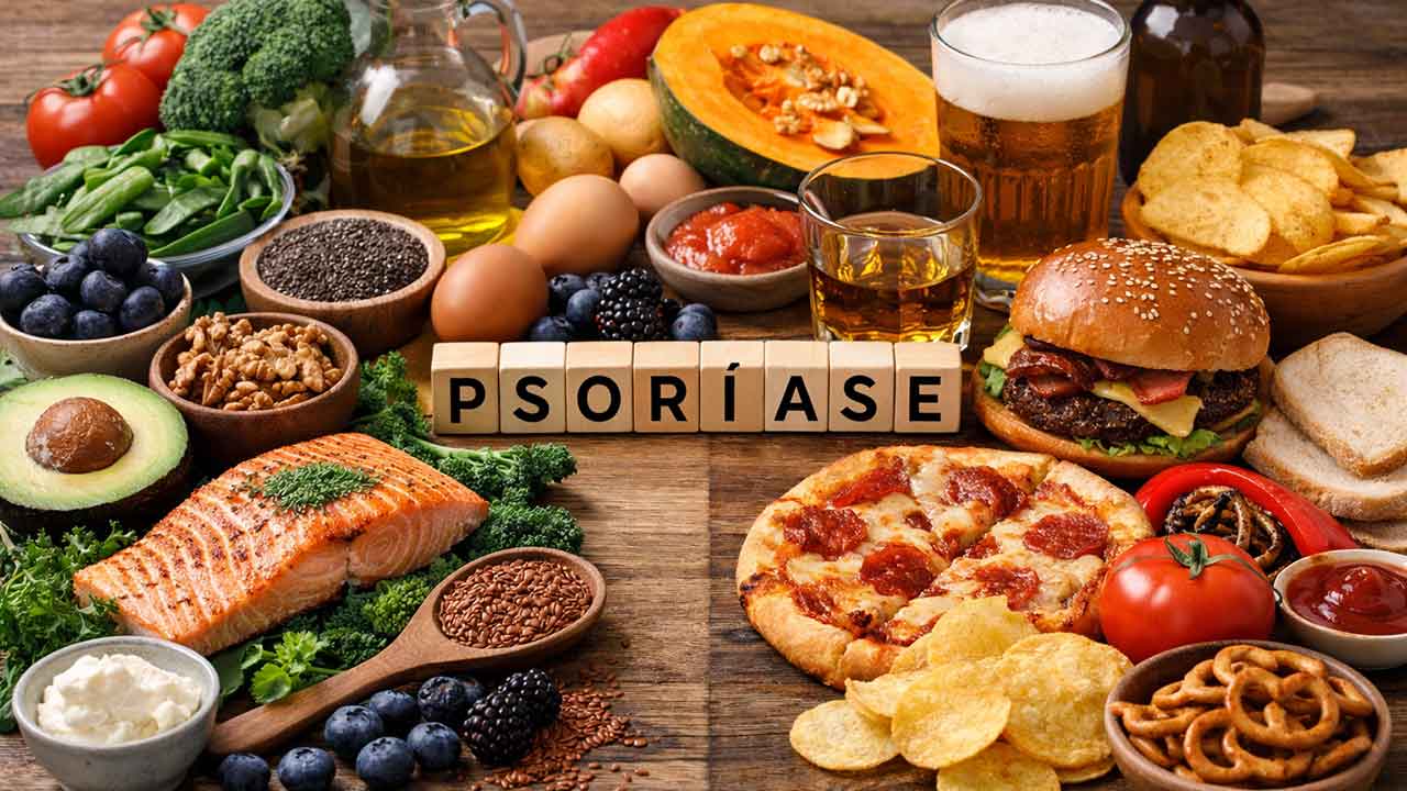 Alimentos que podem piorar a psoríase — e os que podem ajudar a aliviar os sintomas. Ilustração: Condutta