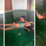 Elizabeth Hurley recebendo uma massagem Watsu na água no melhor resort spa do mundo. Foto: @elizabethhurley1
