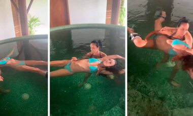Elizabeth Hurley recebendo uma massagem Watsu na água no melhor resort spa do mundo. Foto: @elizabethhurley1