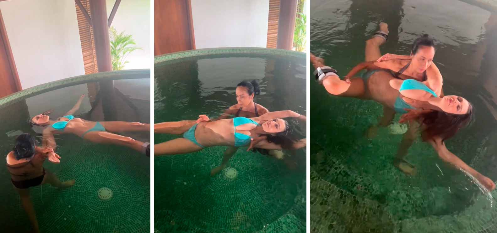 Elizabeth Hurley riceve un massaggio Watsu in acqua nel miglior resort spa del mondo. Foto: @elizabethhurley1